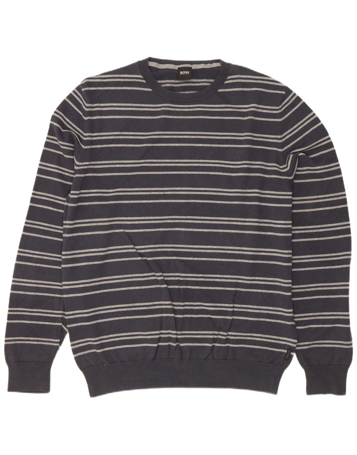Hugo Boss Mens Crew Neck Jumper Sweater Large Grey Striped Cotton