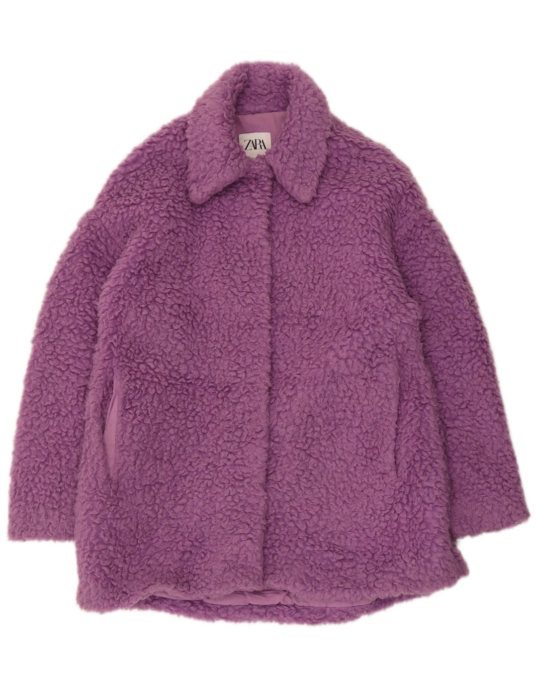 Zara Womens Teddy Bear Oversized Overcoat UK 6 XS Purple Acrylic