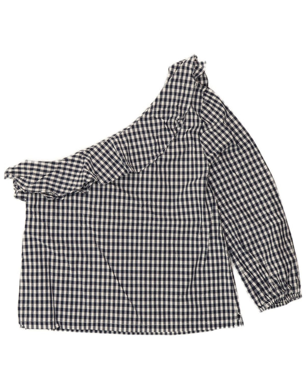 J. CREW Womens One Shoulder Top US 8 Medium Navy Blue Gingham Cotton