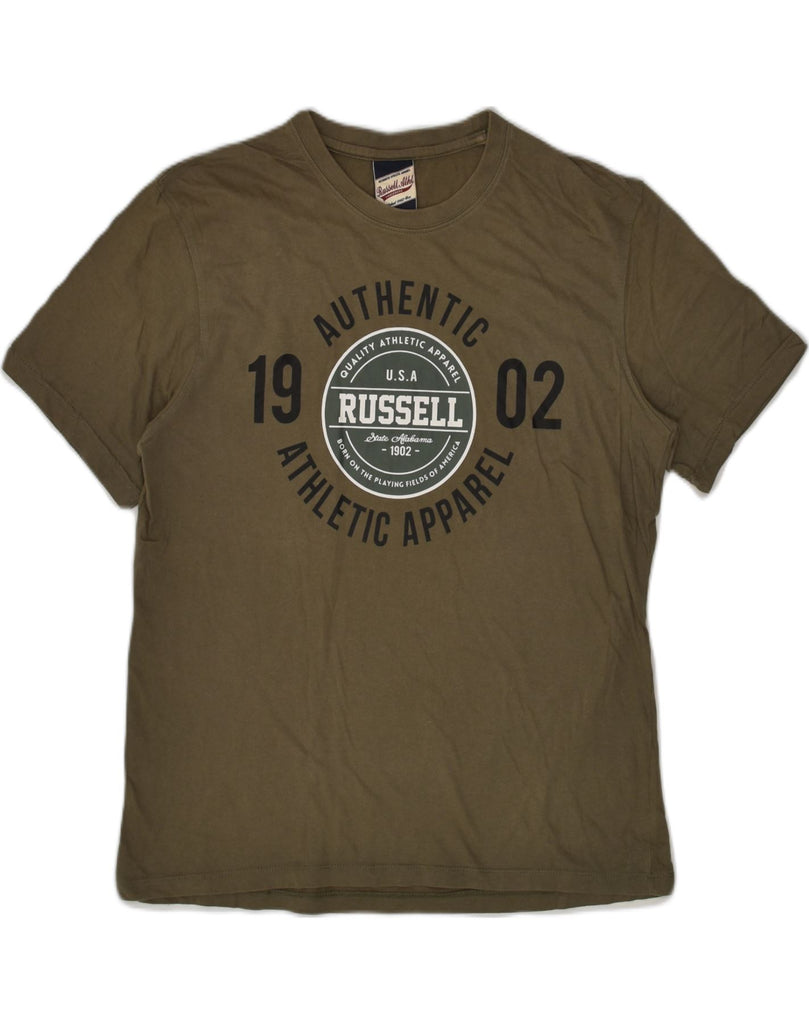 RUSSELL ATHLETIC Mens Graphic T-Shirt Top Medium Khaki | Vintage Russell Athletic | Thrift | Second-Hand Russell Athletic | Used Clothing | Messina Hembry 