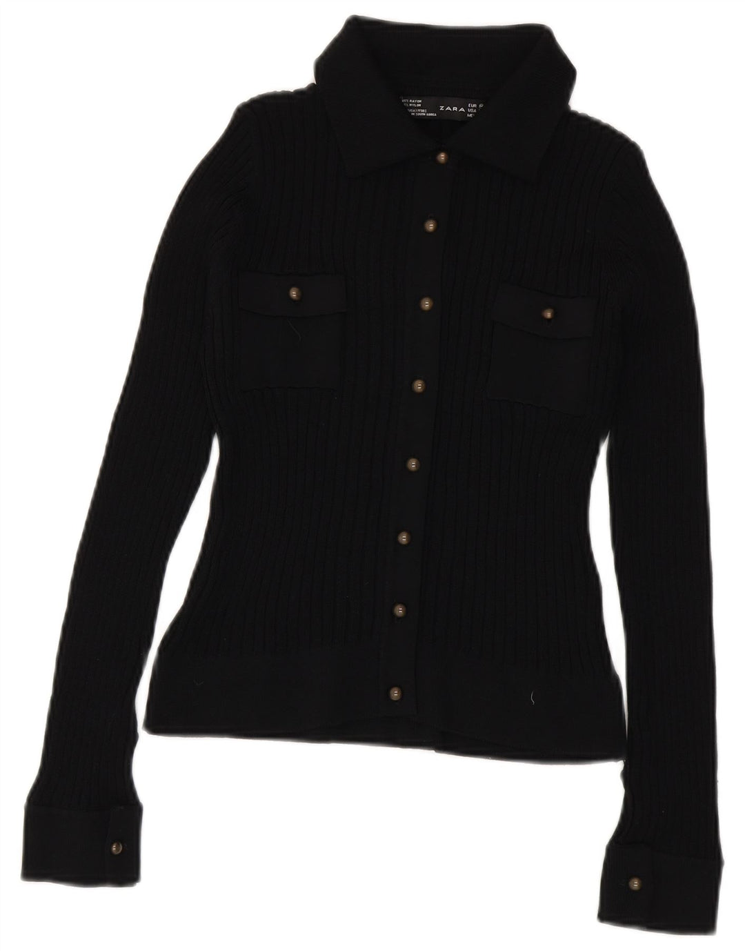 Zara Womens Crop Knit Shirt Blouse UK 12 Medium Black Rayon