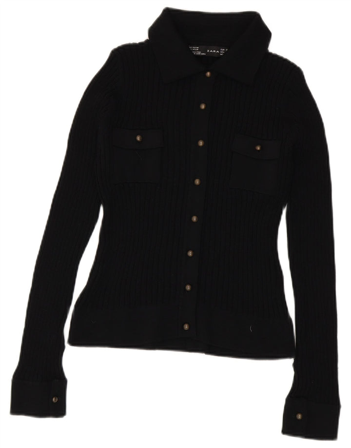 Zara Womens Crop Knit Shirt Blouse UK 12 Medium Black Rayon