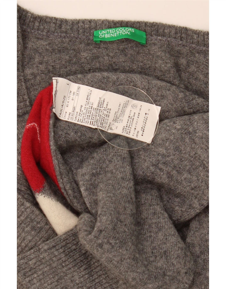 Benetton Womens V-Neck Jumper Sweater UK 14 Large Grey Argyle/Diamond Wool