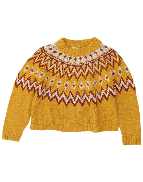 Topshop Womens Crop Crew Neck Jumper Sweater UK 14 Large Yellow Fair Isle