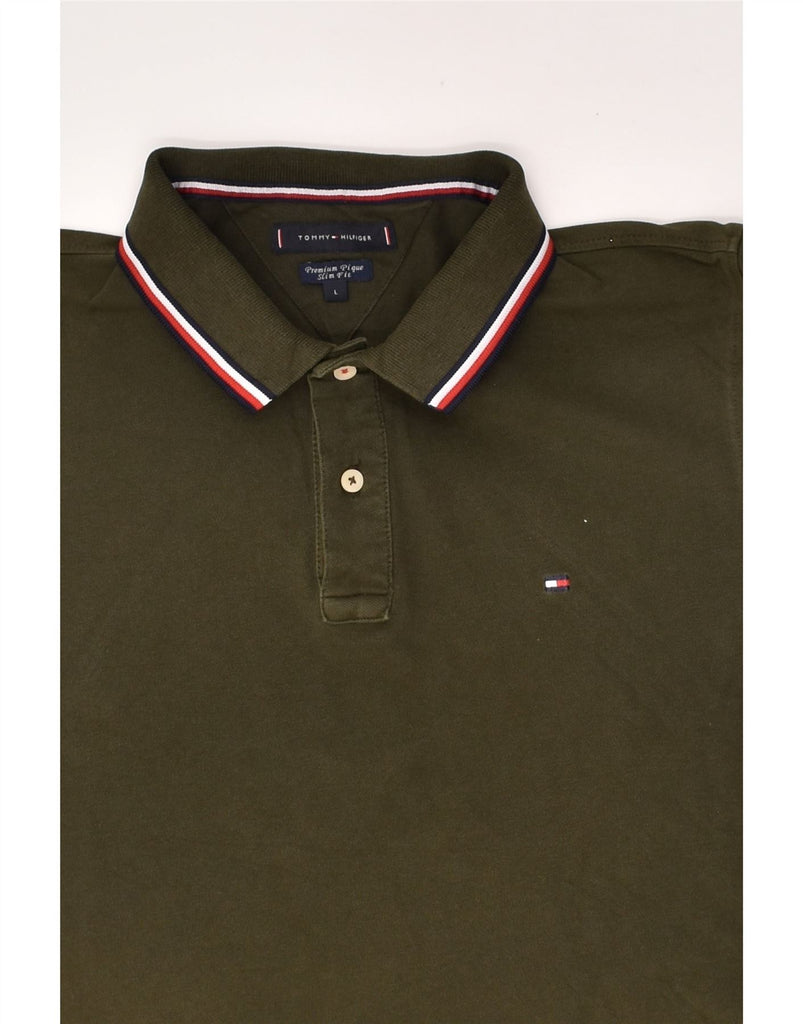 TOMMY HILFIGER Mens Slim Fit Polo Shirt Large Khaki | Vintage Tommy Hilfiger | Thrift | Second-Hand Tommy Hilfiger | Used Clothing | Messina Hembry 