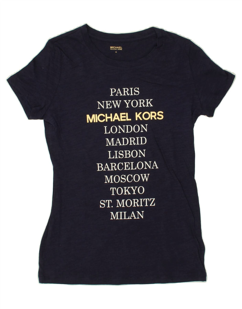 MICHAEL KORS Womens Graphic T-Shirt Top UK 4 XS Navy Blue Cotton Vintage Michael Kors and Second-Hand Michael Kors from Messina Hembry 