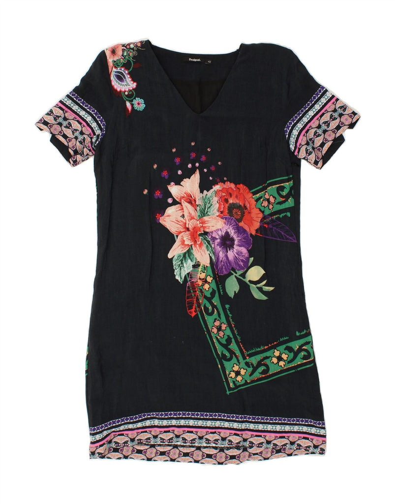 DESIGUAL Womens Graphic Shift Dress IT 42 Medium Navy Blue Floral Viscose Vintage Desigual and Second-Hand Desigual from Messina Hembry 