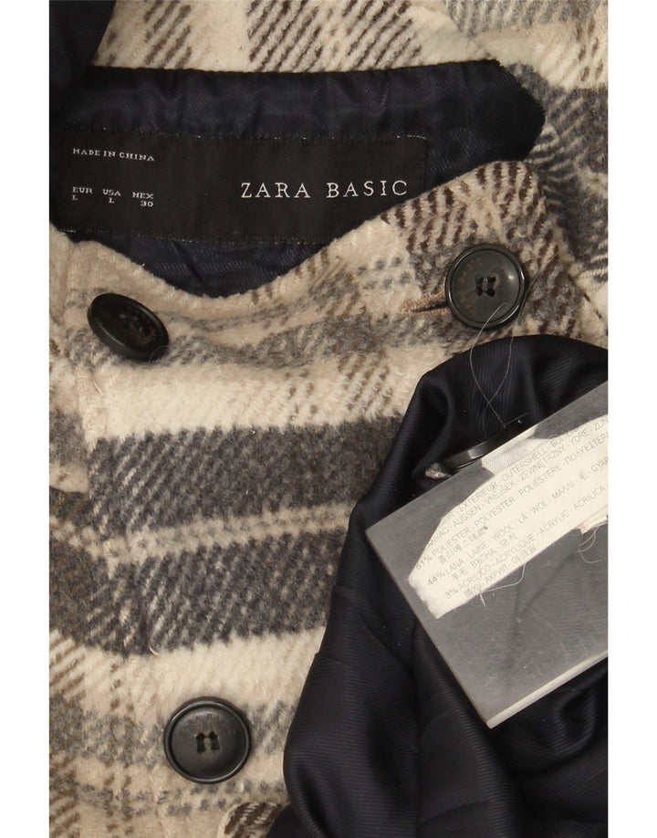 Zara Womens Short Hooded Double Breasted Coat UK 16 Large Beige Plaid