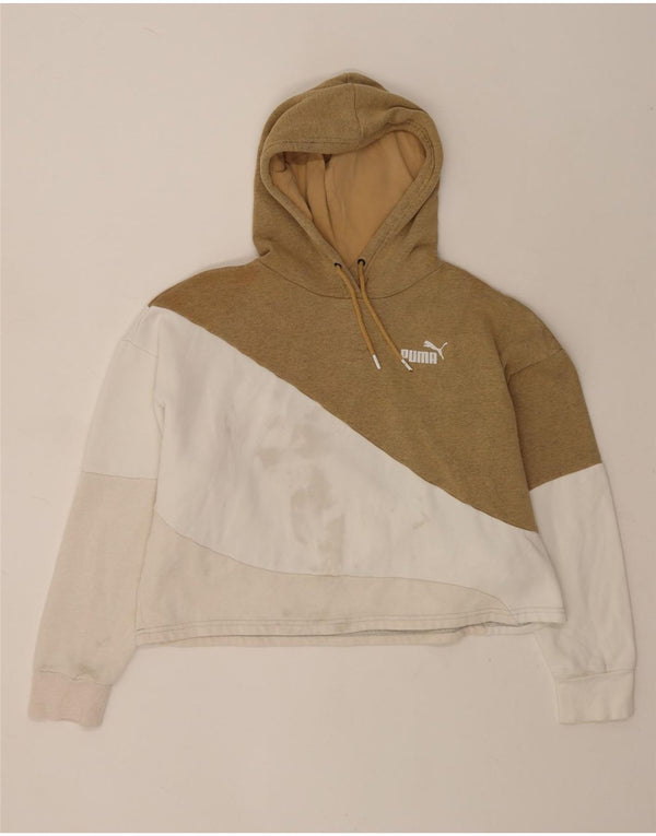 Puma Womens Crop Oversized Hoodie Jumper UK 14 Medium Beige Colourblock