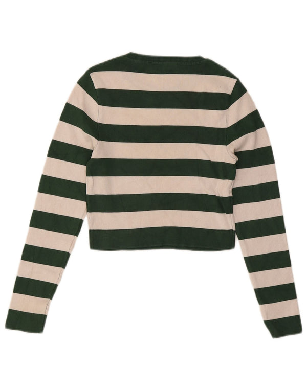 Zara Womens Crop Top Long Sleeve UK 12 Medium Green Striped Viscose