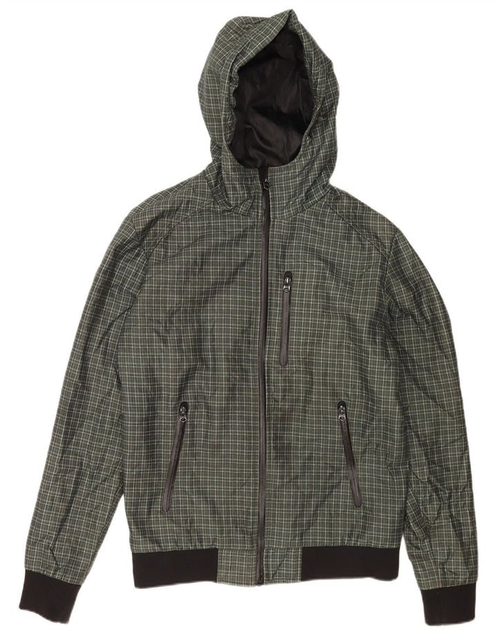 Zara Mens Hooded Bomber Jacket UK 38 Medium Green Check Polyester