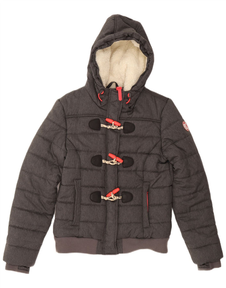SUPERDRY Womens Graphic Hooded Padded Jacket UK 14 Large Grey Polyester