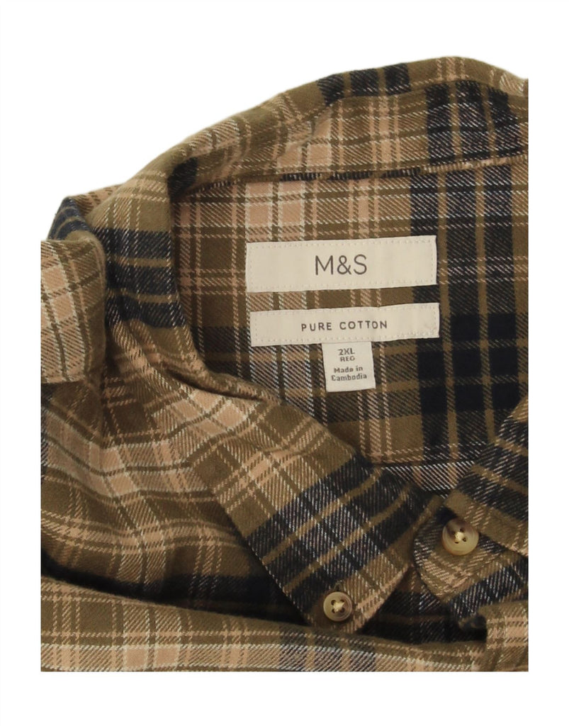 MARKS & SPENCER Mens Flannel Shirt 2XL Khaki Check Cotton Vintage Marks & Spencer and Second-Hand Marks & Spencer from Messina Hembry 