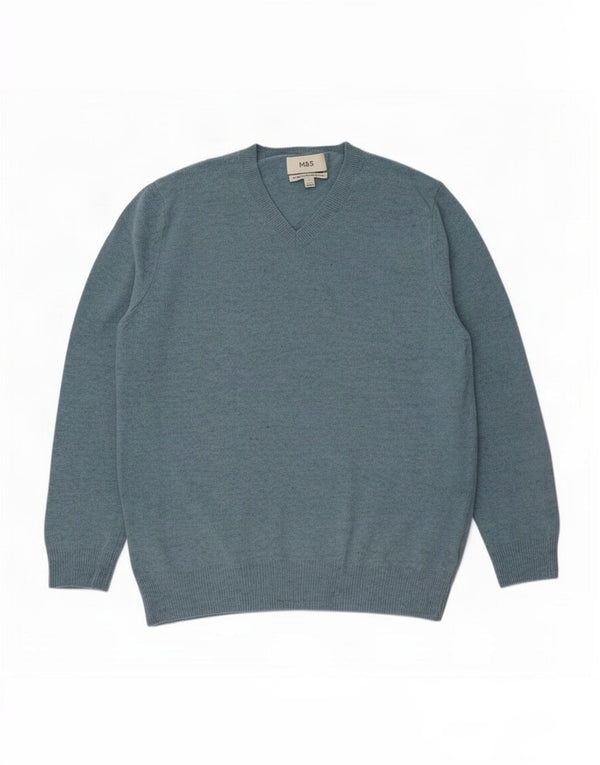 Marks & Spencer Mens V-Neck Jumper Sweater Large Blue Flecked Wool