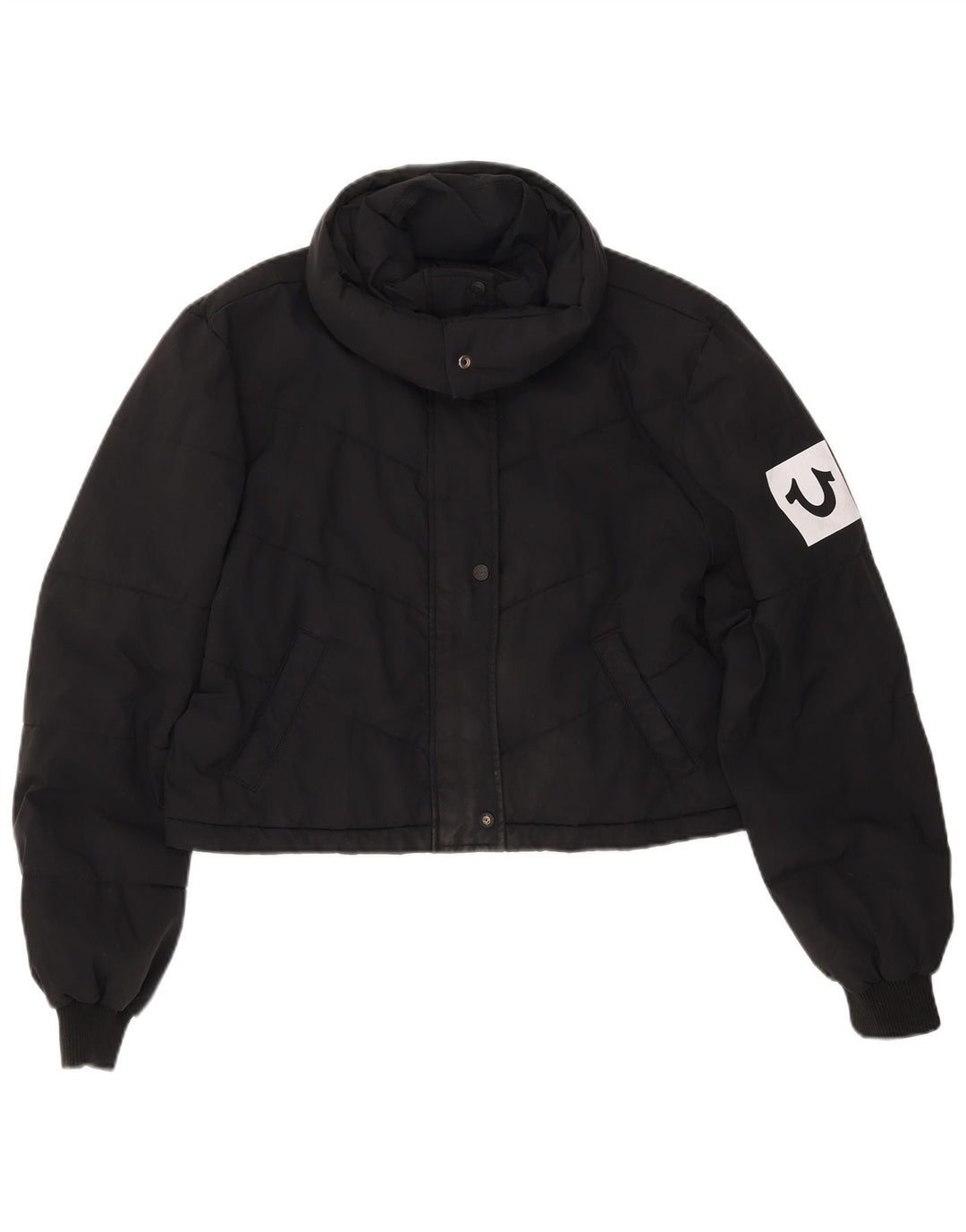 TRUE RELIGION Womens Crop Padded Jacket UK 16 Large Black Polyester