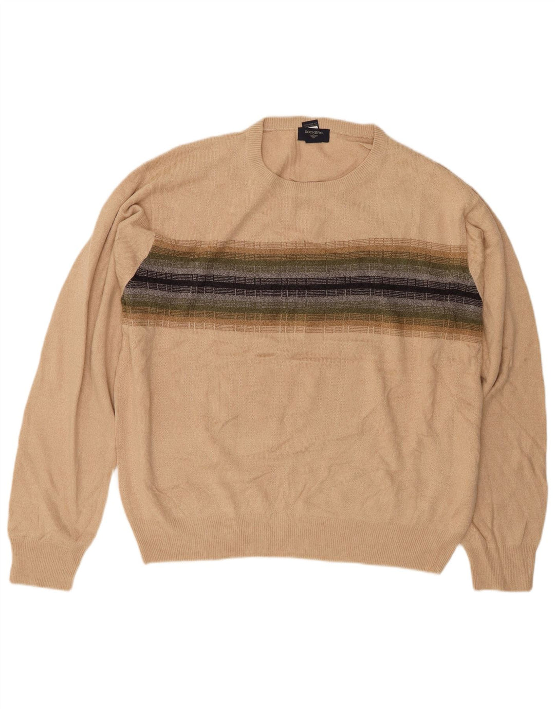 DOCKERS Mens Crew Neck Jumper Sweater XL Beige Striped Polyacrylic