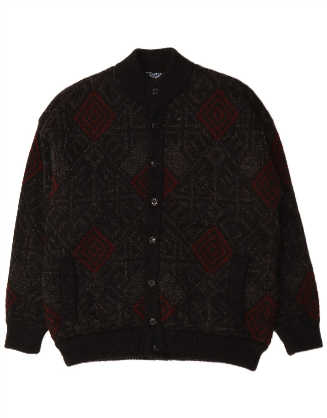 VINTAGE Mens Cardigan Sweater XL Black Geometric Wool