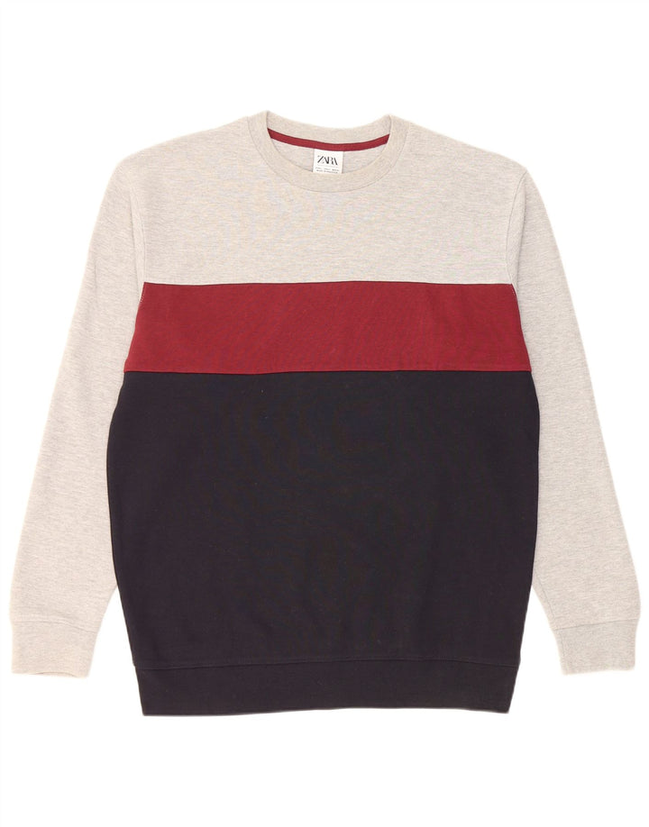 Zara Mens Sweatshirt Jumper Large Grey Colourblock Cotton