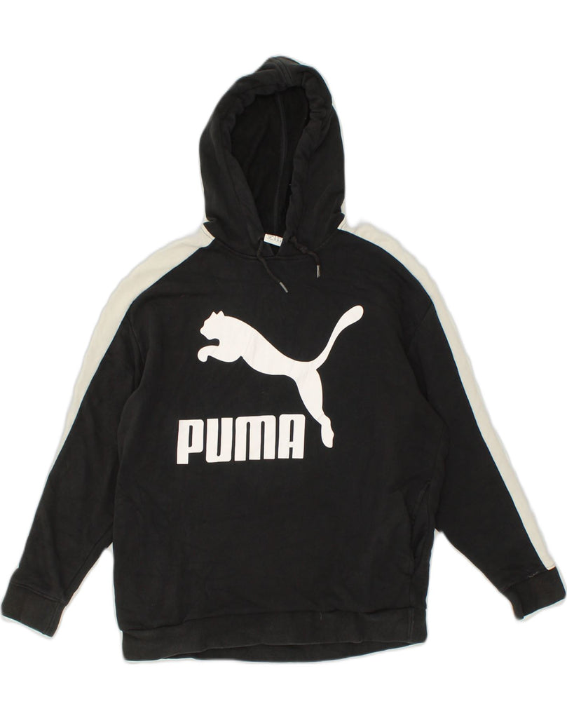 PUMA Womens Graphic Hoodie Jumper UK 10 Small Black Cotton | Vintage Puma | Thrift | Second-Hand Puma | Used Clothing | Messina Hembry 