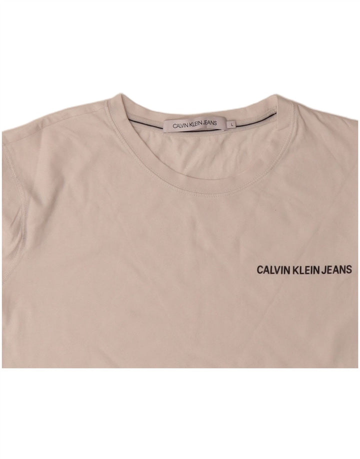 CALVIN KLEIN Mens Graphic Top Long Sleeve UK 16 Large Off White Cotton