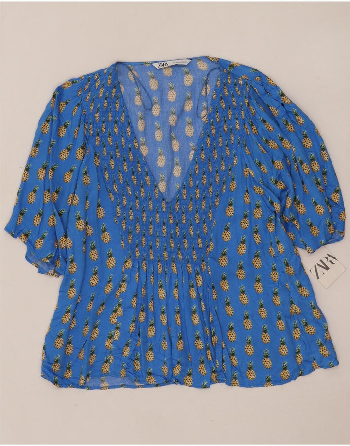 Zara Womens Abstract Pattern 3/4 Sleeve Blouse Top UK 18 XL Blue Viscose