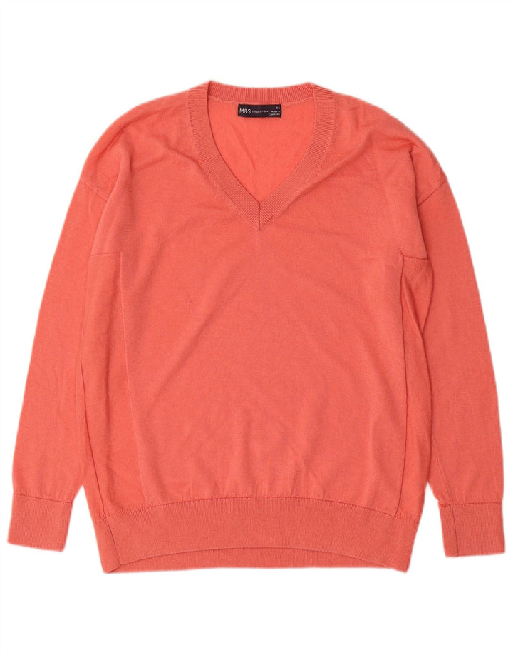 MARKS & SPENCER Womens Oversized V-Neck Jumper Sweater UK 6 XS Pink Wool