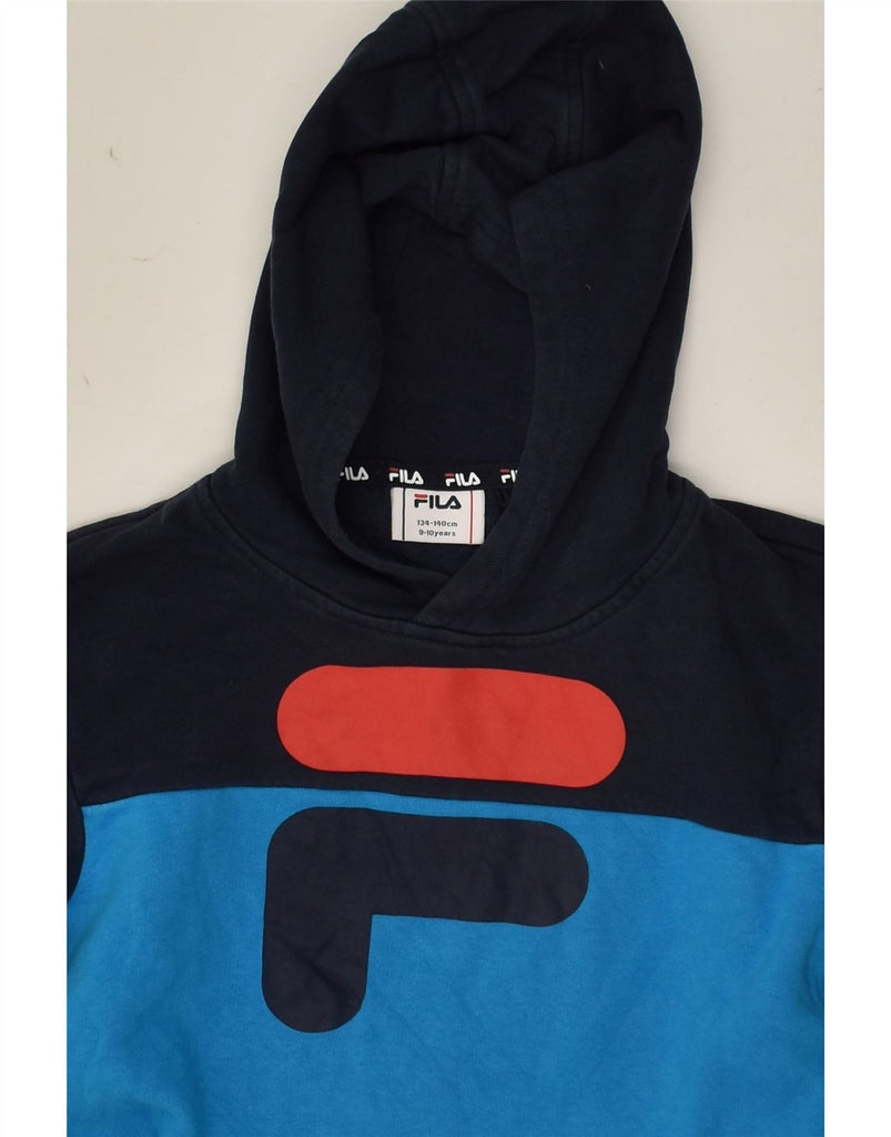 FILA Boys Graphic Hoodie Jumper 9-10 Years Blue Colourblock Cotton | Vintage Fila | Thrift | Second-Hand Fila | Used Clothing | Messina Hembry 