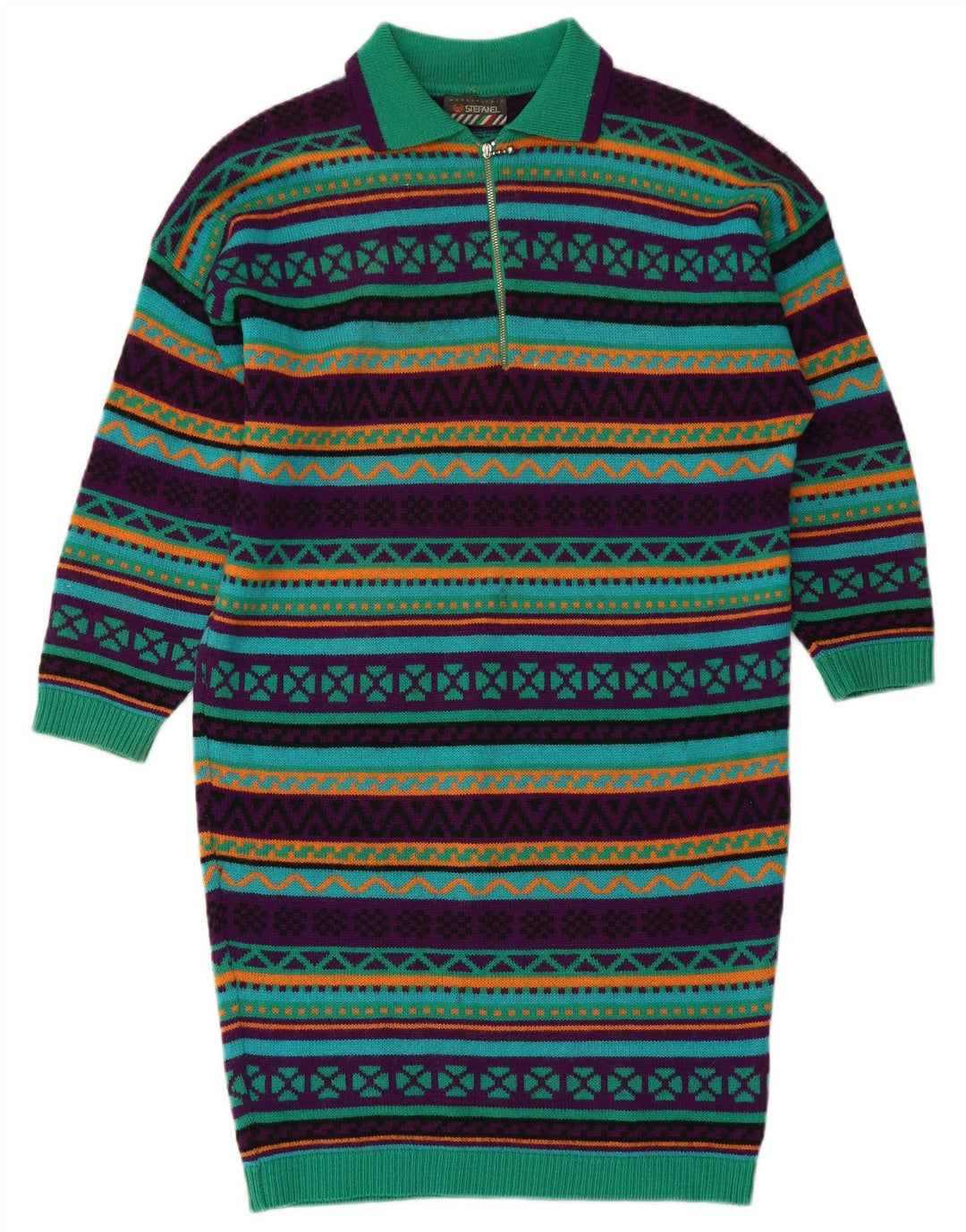 STEFANEL Womens Knit Long Sleeve Polo Dress UK 14 Medium Green Geometric