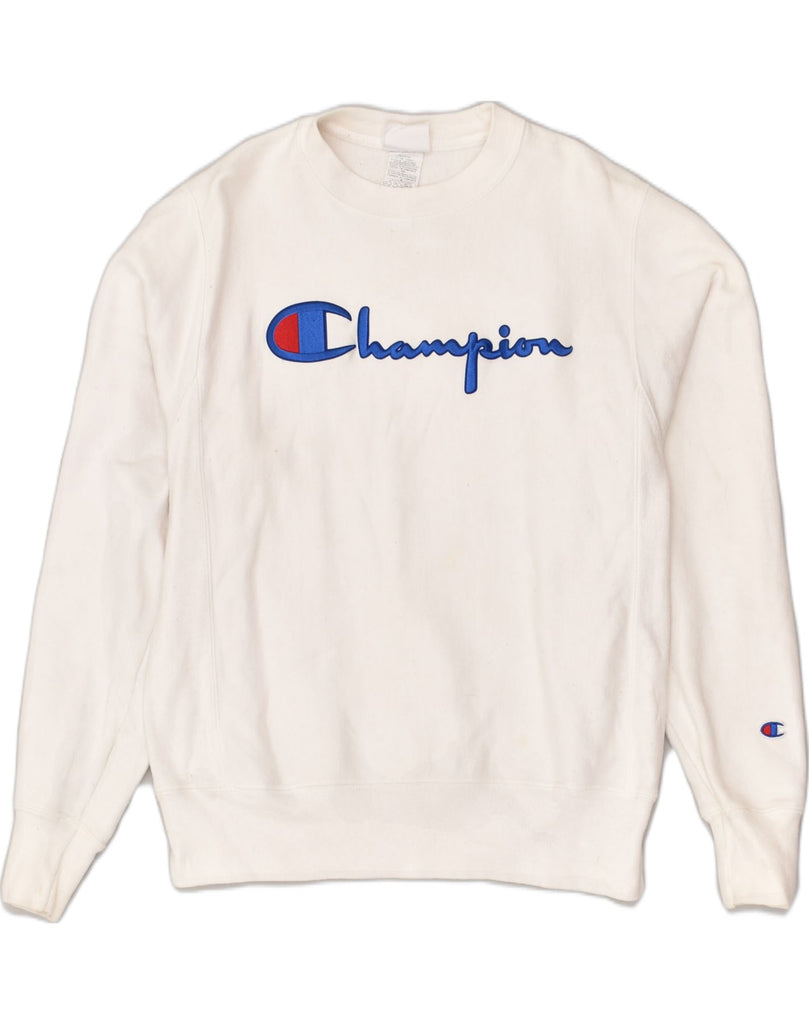 CHAMPION Mens Graphic Sweatshirt Jumper Small White Cotton | Vintage Champion | Thrift | Second-Hand Champion | Used Clothing | Messina Hembry 