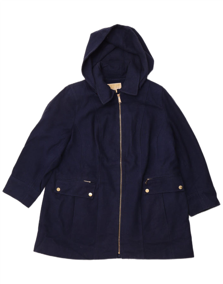 MICHAEL KORS Womens Hooded Overcoat UK 18 XL Navy Blue Wool