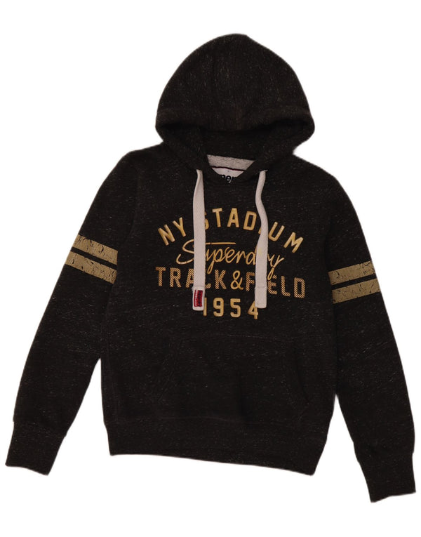 Superdry Womens Graphic Hoodie Jumper UK 10 Small Black Flecked Cotton
