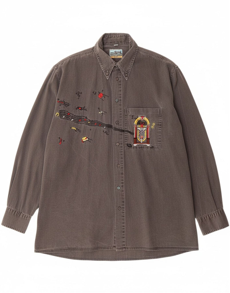 VINTAGE Mens Graphic Shirt Size 41/42 Large Grey Vintage Vintage and Second-Hand Vintage from Messina Hembry 