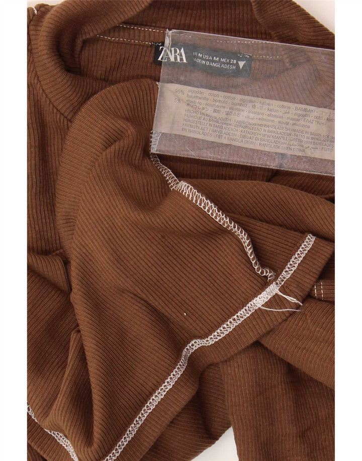 Zara Womens Crop Top 3/4 Sleeve UK 12 Medium Brown Cotton