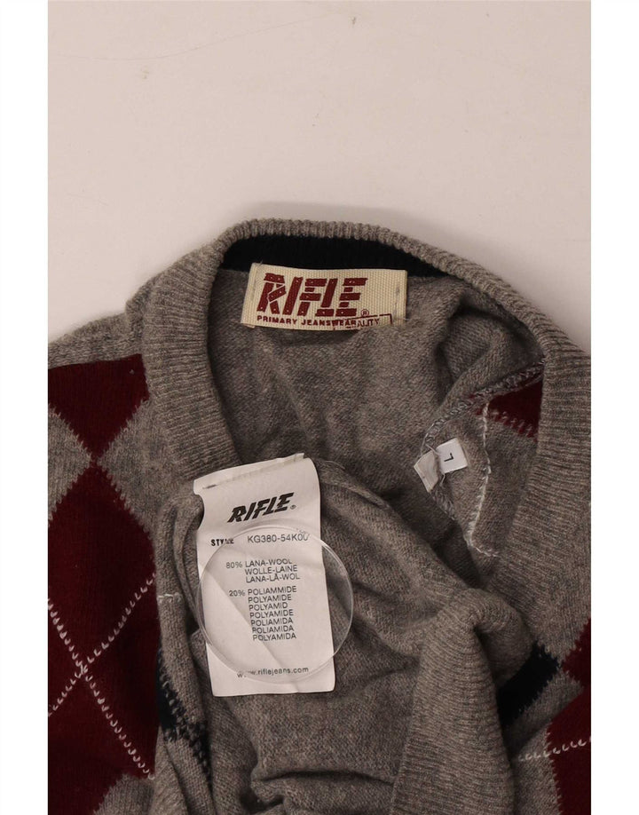 Rifle Mens V-Neck Jumper Sweater Large Grey Argyle/Diamond Wool