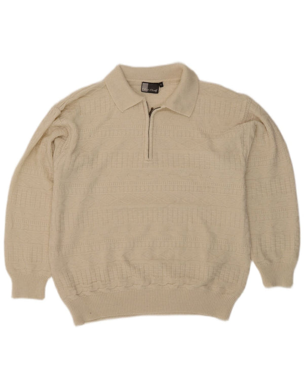 Henry Morell Mens Zip Neck Polo Jumper Sweater XL Off White Check Acrylic