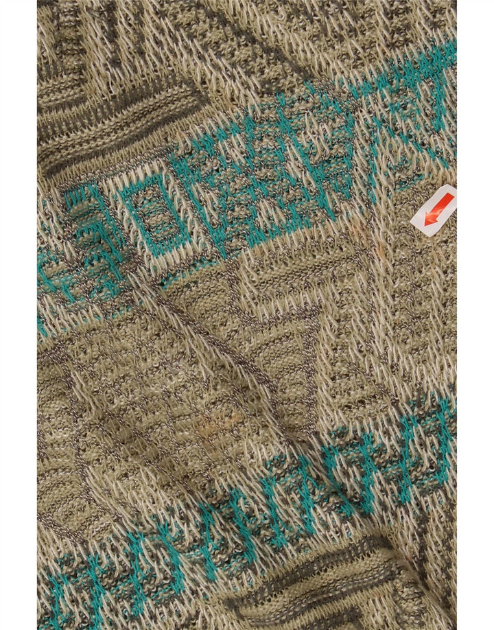 James Dillon Mens V-Neck Jumper Sweater Large Khaki Geometric Acrylic