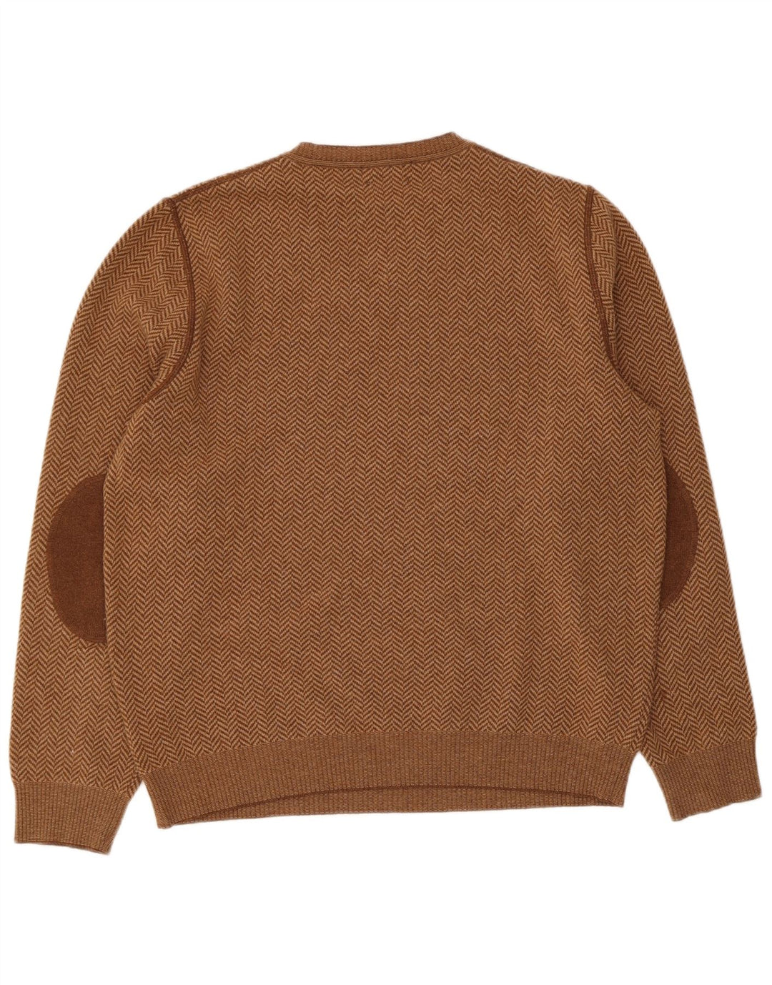 Massimo Dutti Mens V-Neck Jumper Sweater Large Brown Herringbone Wool