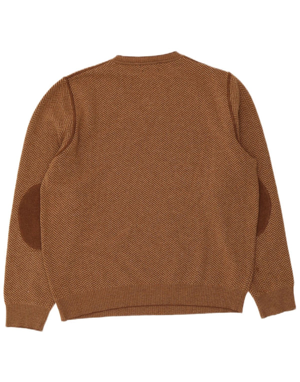 Massimo Dutti Mens V-Neck Jumper Sweater Large Brown Herringbone Wool
