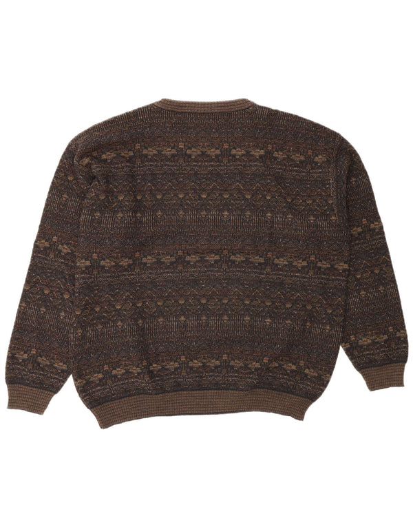 Rodes Mens Crew Neck Jumper Sweater Large Brown Geometric Wool