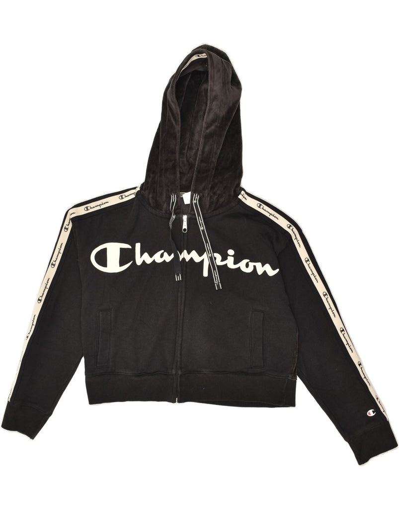 CHAMPION Womens Graphic Crop Zip Hoodie Sweater UK 14 Medium Black Cotton | Vintage Champion | Thrift | Second-Hand Champion | Used Clothing | Messina Hembry 