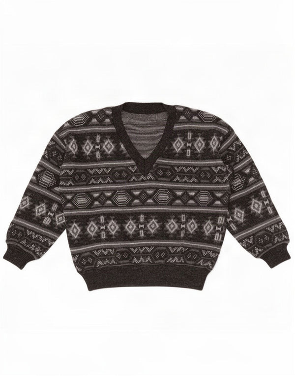 Vintage Mens V-Neck Jumper Sweater Large Grey Fair Isle