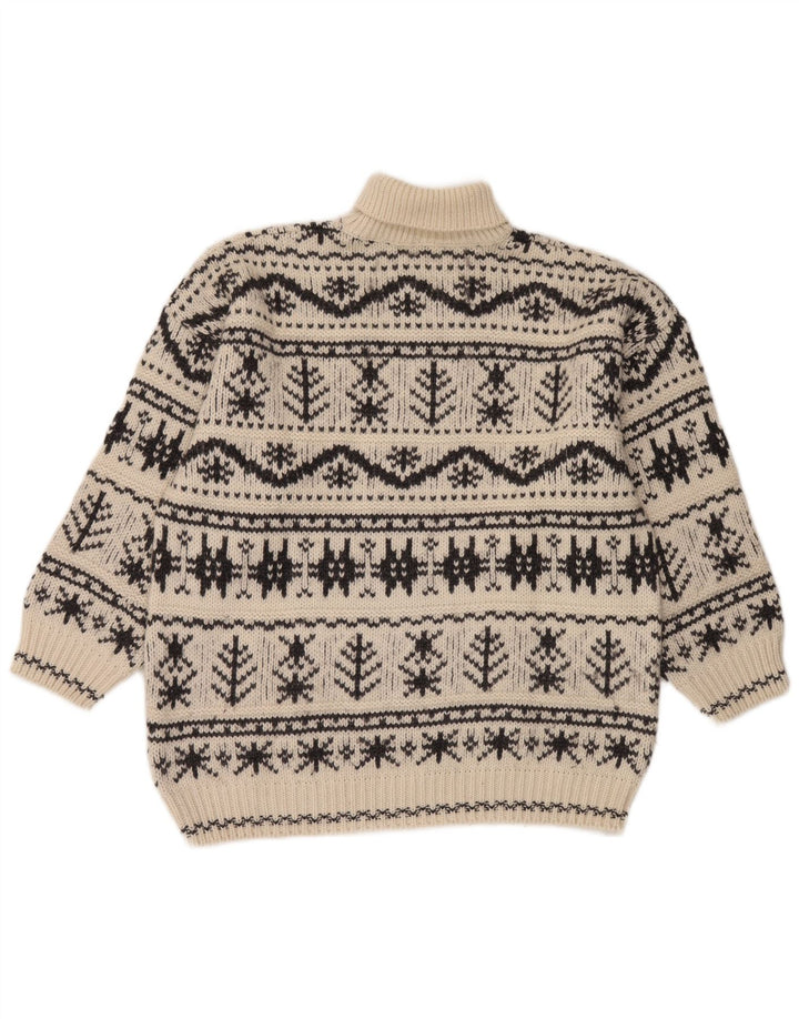 Vintage Mens Roll Neck Jumper Sweater Medium Off White Fair Isle Acrylic