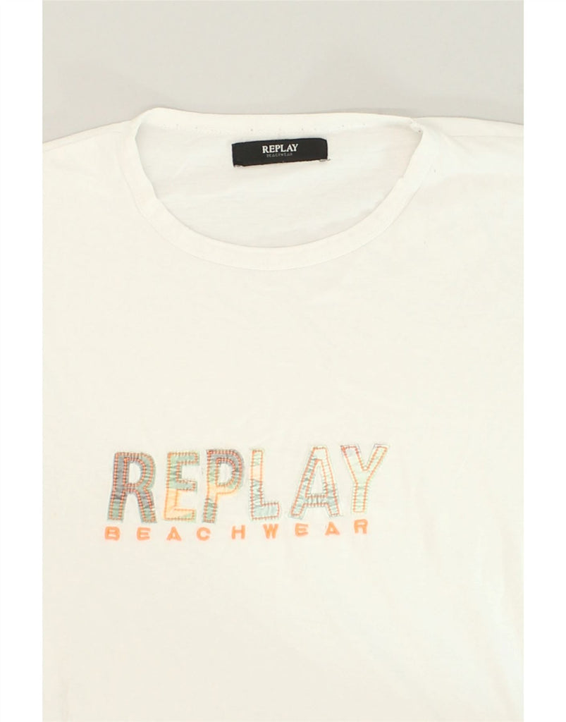 REPLAY Mens Graphic T-Shirt Top Medium White Cotton | Vintage Replay | Thrift | Second-Hand Replay | Used Clothing | Messina Hembry 