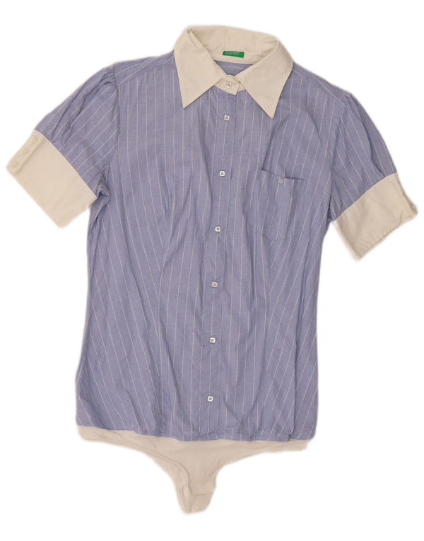 Benetton Womens Short Sleeve Shirt Bodysuit UK 14 Large Blue Striped Cotton