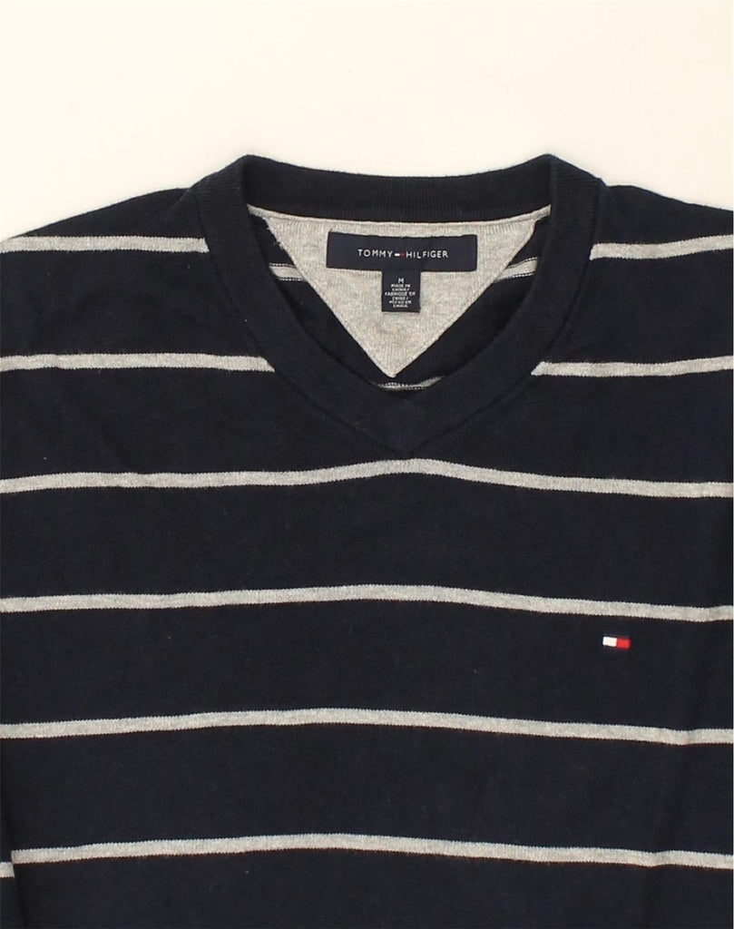 TOMMY HILFIGER Mens V-Neck Jumper Sweater Medium Navy Blue Striped Cotton | Vintage Tommy Hilfiger | Thrift | Second-Hand Tommy Hilfiger | Used Clothing | Messina Hembry 