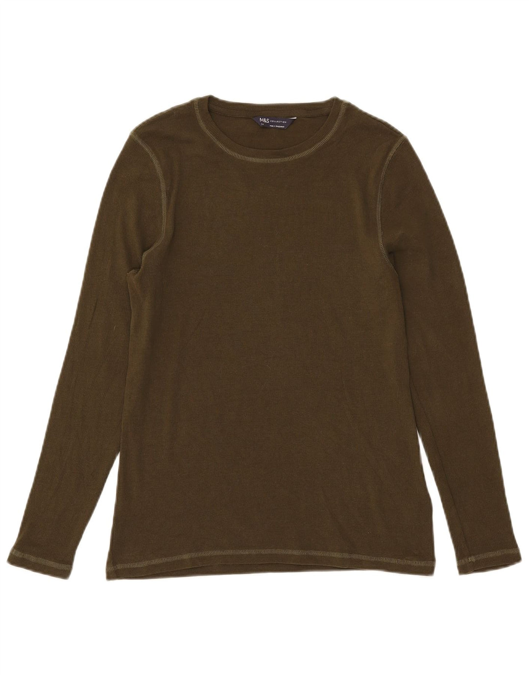 Marks & Spencer Womens Top Long Sleeve UK 14 Large Khaki Cotton