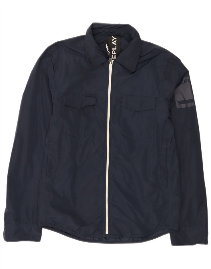 Replay Mens Graphic Rain Jacket UK 36 Small Navy Blue Polyester