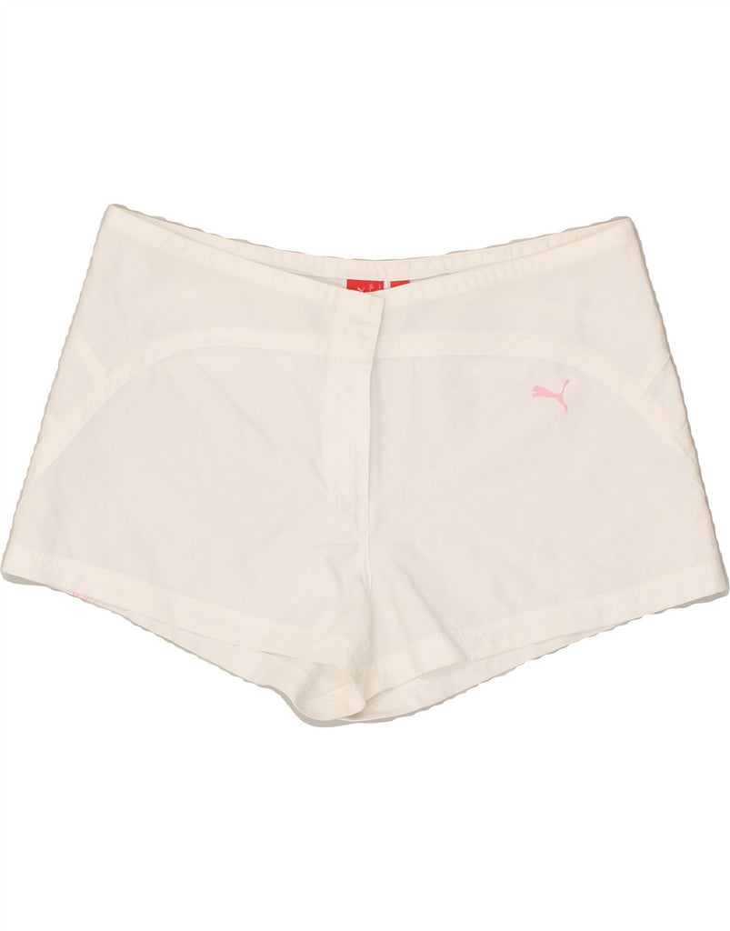 PUMA Womens Graphic Hot Pants UK 14 Large W34  White | Vintage Puma | Thrift | Second-Hand Puma | Used Clothing | Messina Hembry 