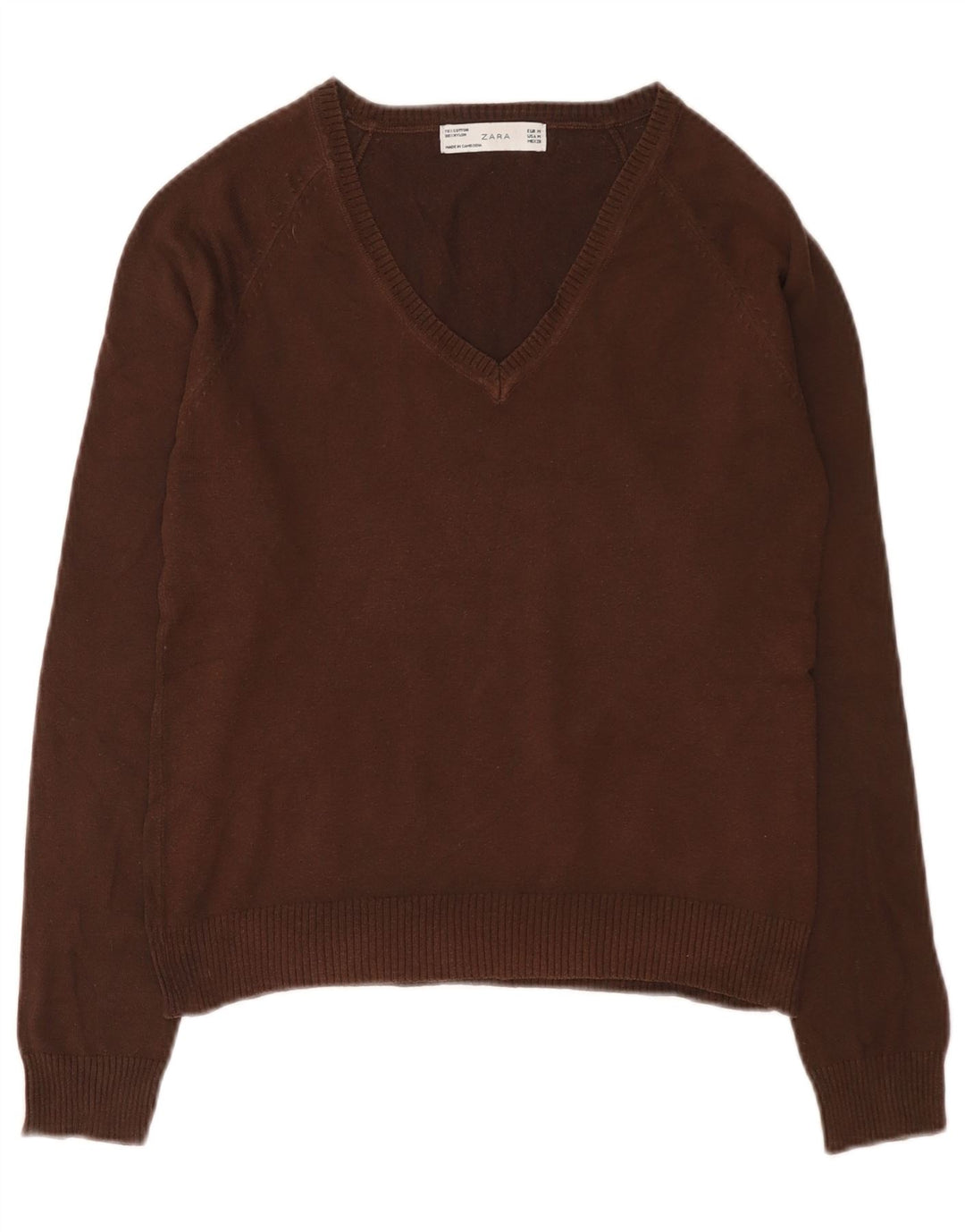 Zara Womens V-Neck Jumper Sweater UK 12 Medium Brown Cotton