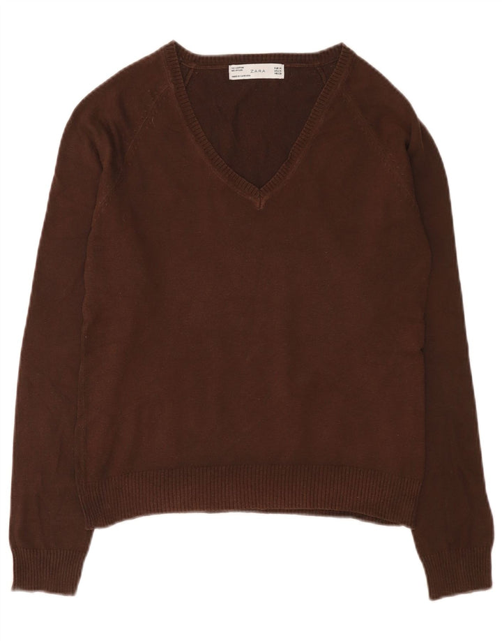 Zara Womens V-Neck Jumper Sweater UK 12 Medium Brown Cotton